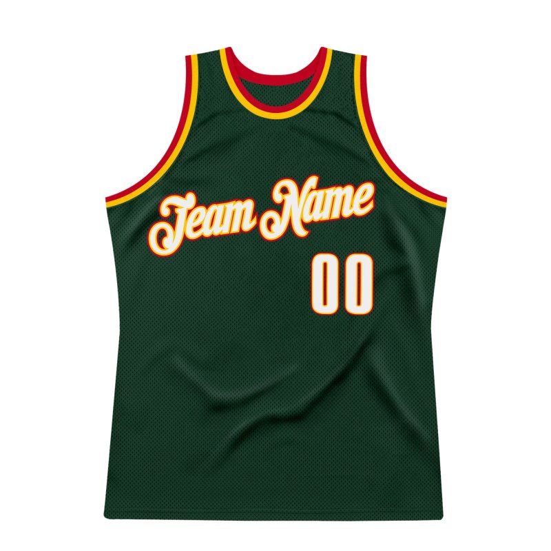 Men's Custom Hunter Green White-Red Authentic Throwback Basketball Jersey