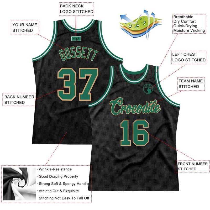 Men's Custom Black Kelly Green-Old Gold Authentic Throwback Basketball Jersey