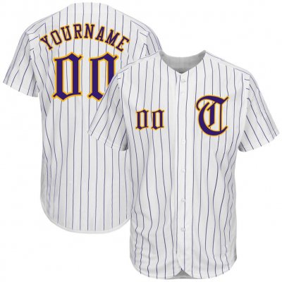 Men's Custom White Purple Pinstripe Purple-Gold Authentic Baseball Jersey