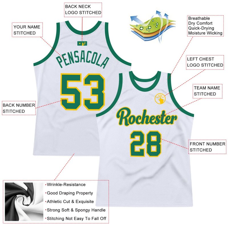 Men's Custom White Kelly Green-Gold Authentic Throwback Basketball Jersey