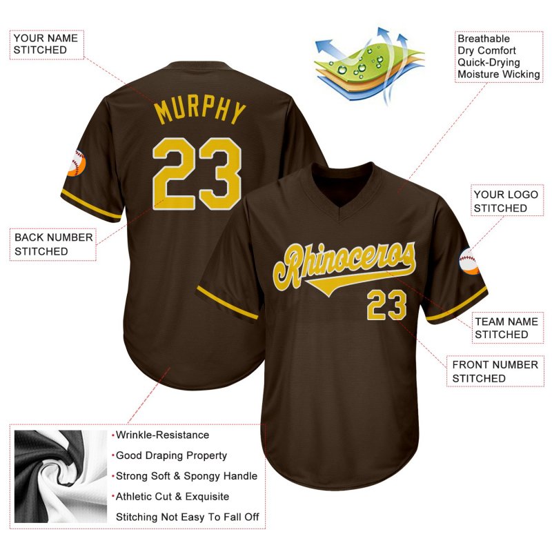 Men's Custom Brown Gold-White Authentic Throwback Rib-Knit Baseball Jersey Shirt