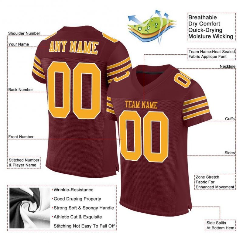 Men's Custom Burgundy Gold-White Mesh Authentic Football Jersey