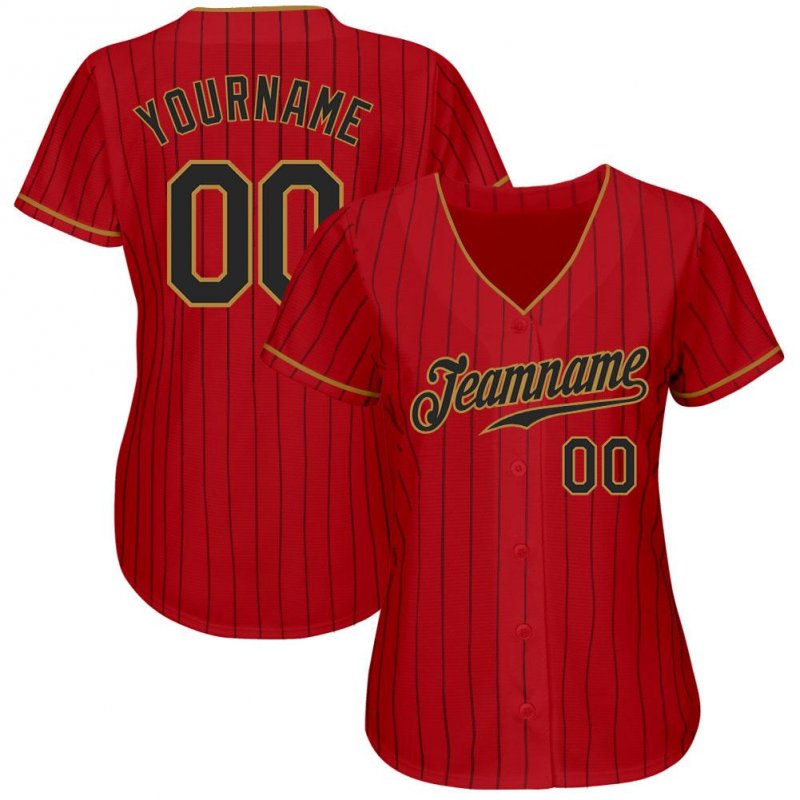 Men's Custom Red Black Pinstripe Black-Old Gold Authentic Baseball Jersey