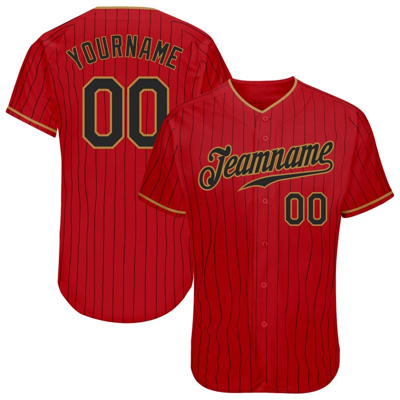 Men's Custom Red Black Pinstripe Black-Old Gold Authentic Baseball Jersey