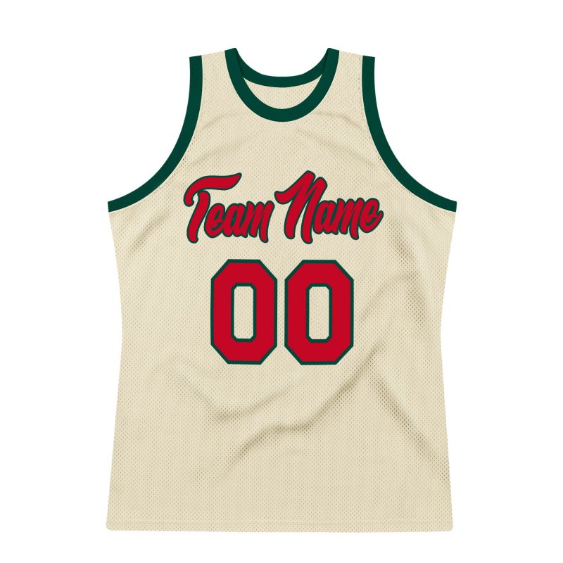 Men's Custom Cream Red-Hunter Green Authentic Throwback Basketball Jersey