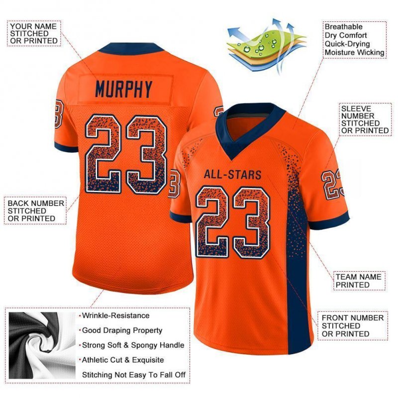 Men's Custom Orange Navy-White Mesh Drift Fashion Football Jersey