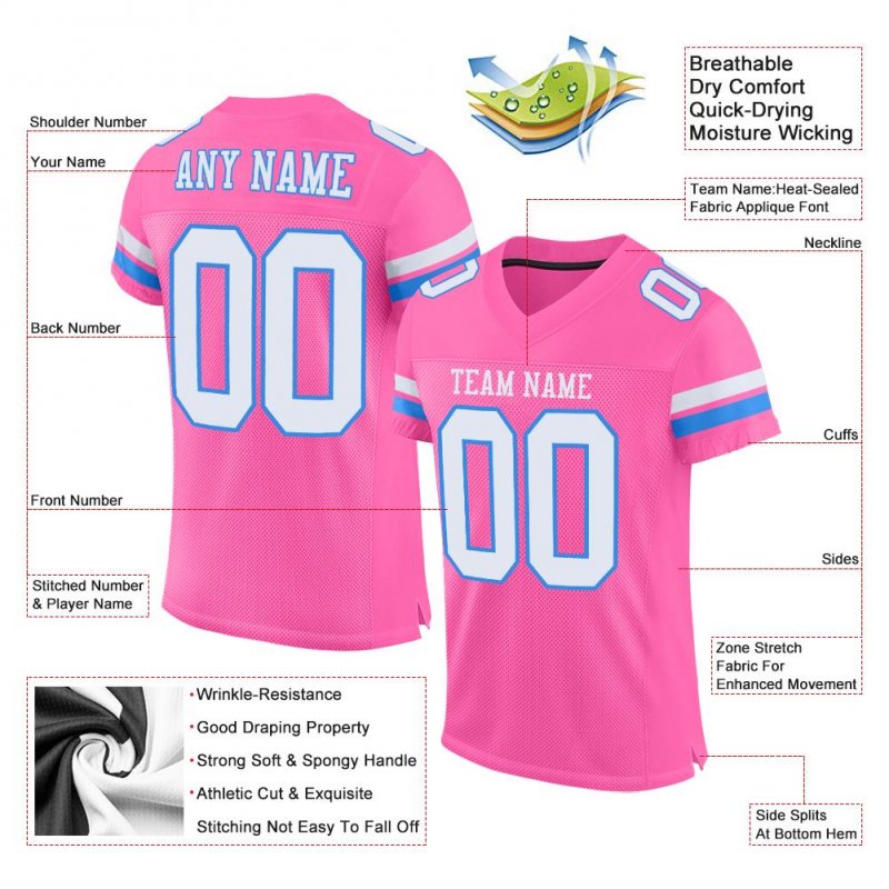 Men's Custom Pink White-Powder Blue Mesh Authentic Football Jersey