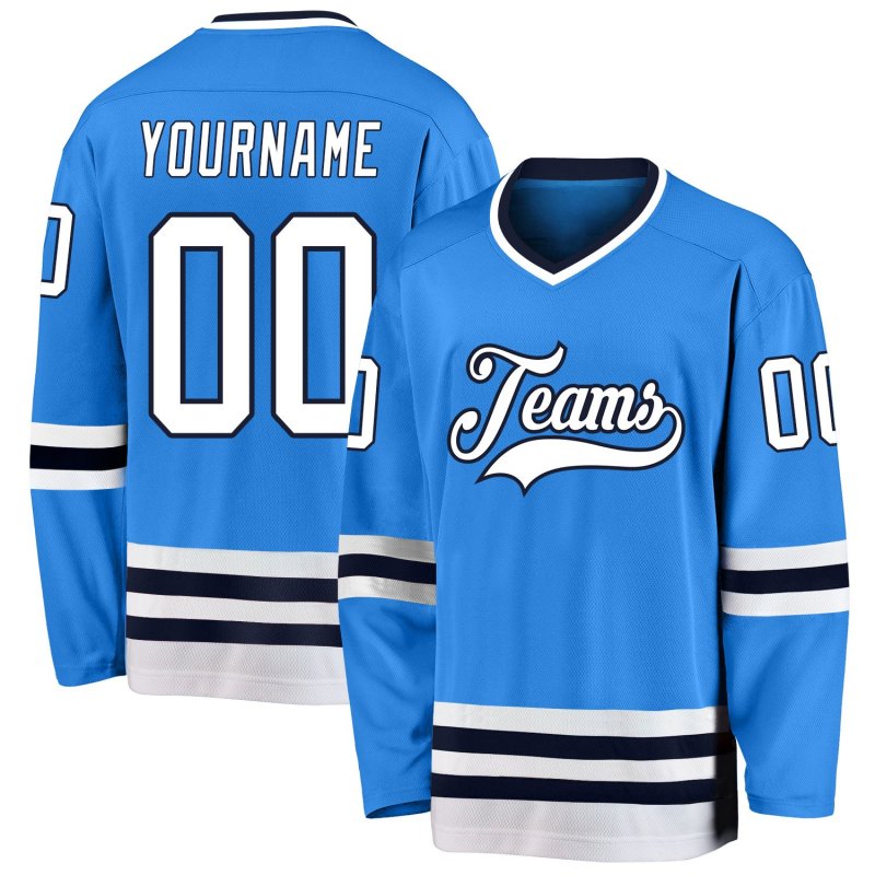 Men's Custom Powder Blue White-Navy Hockey Jersey