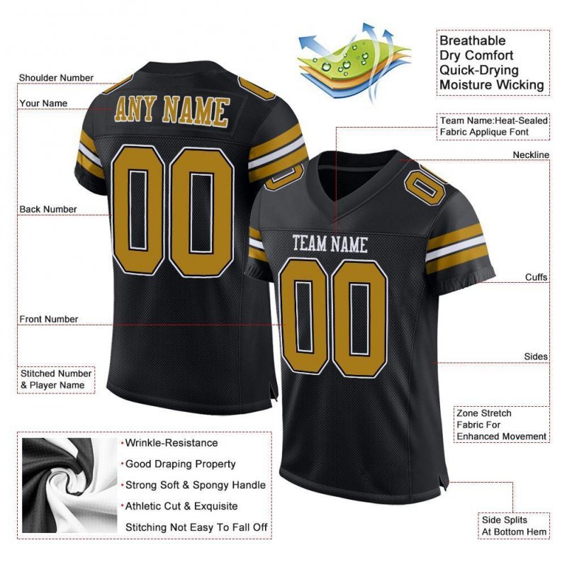 Men's Custom Black Old Gold-White Mesh Authentic Football Jersey