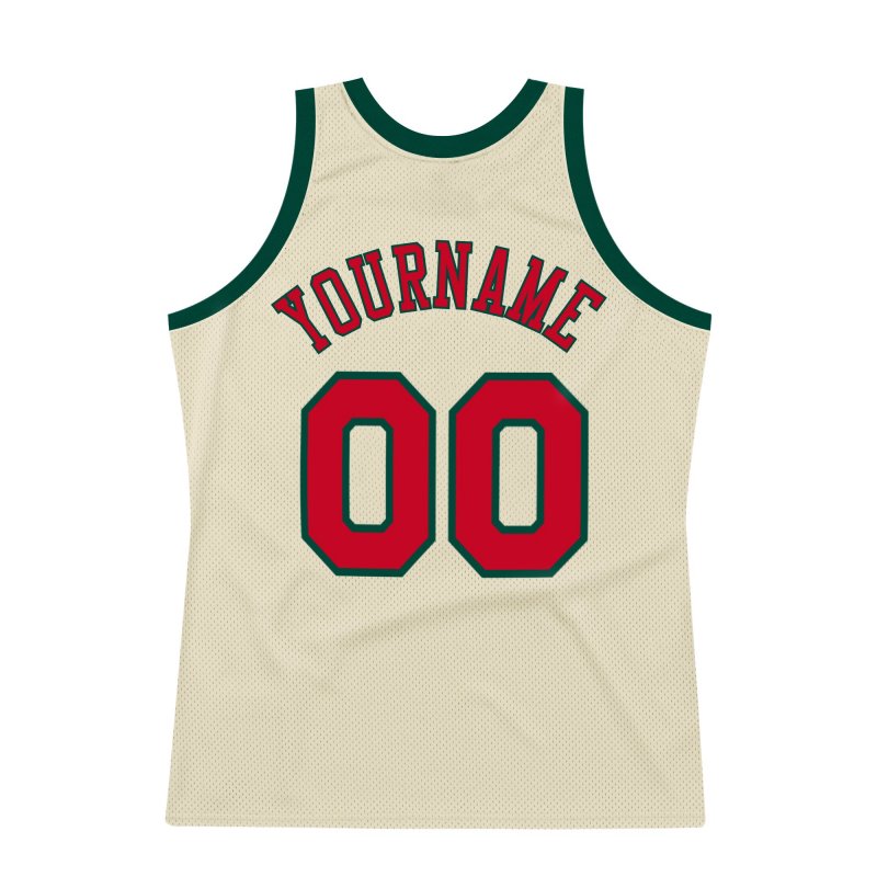 Men's Custom Cream Red-Hunter Green Authentic Throwback Basketball Jersey