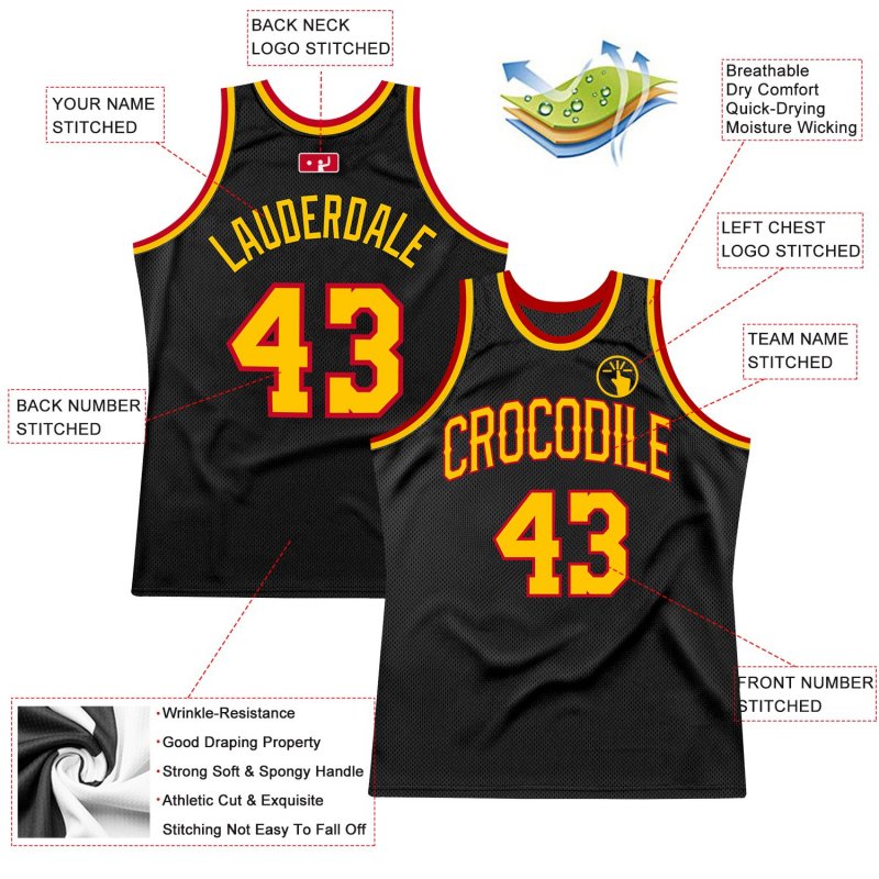 Men's Custom Black Gold-Red Authentic Throwback Basketball Jersey