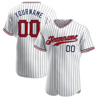 Men's Custom White Navy Pinstripe Red-Navy Authentic Baseball Jersey