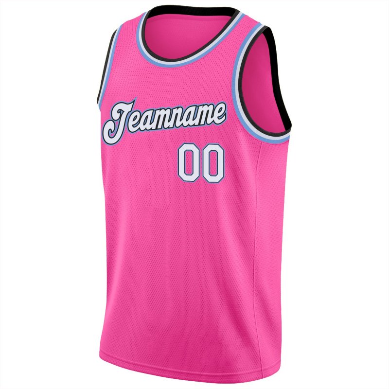 Men's Custom Pink White-Light Blue Round Neck Rib-Knit Basketball Jersey