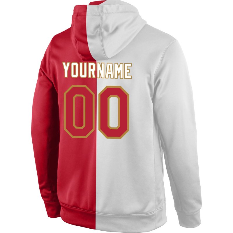 Men's Custom Stitched White Red-Old Gold Split Fashion Sports Pullover Sweatshirt Hoodie