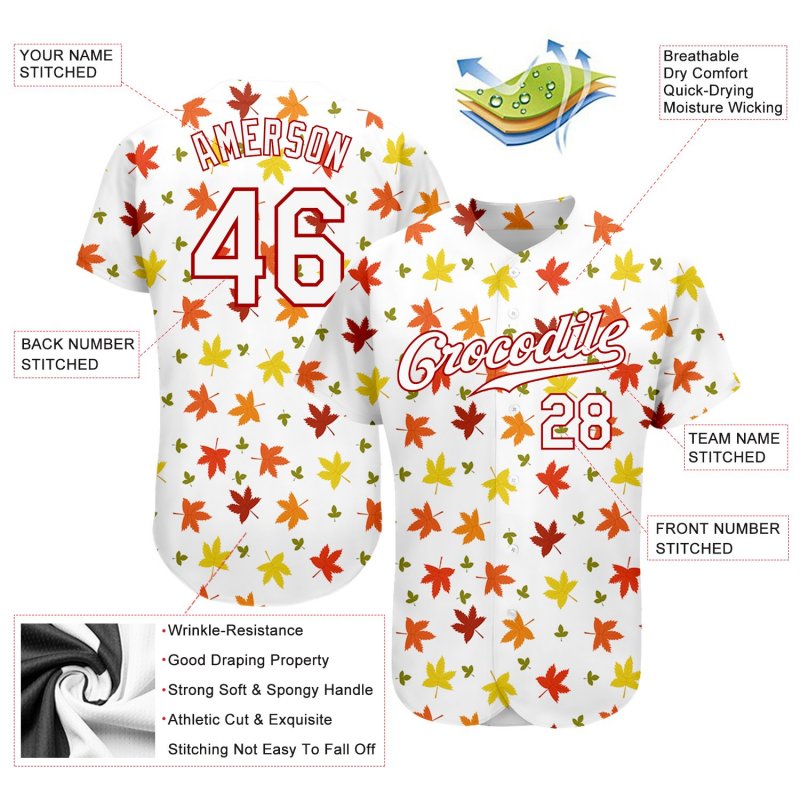 Men's Custom White White-Red 3D Pattern Design "Autumn Leaves" Authentic Baseball Jersey