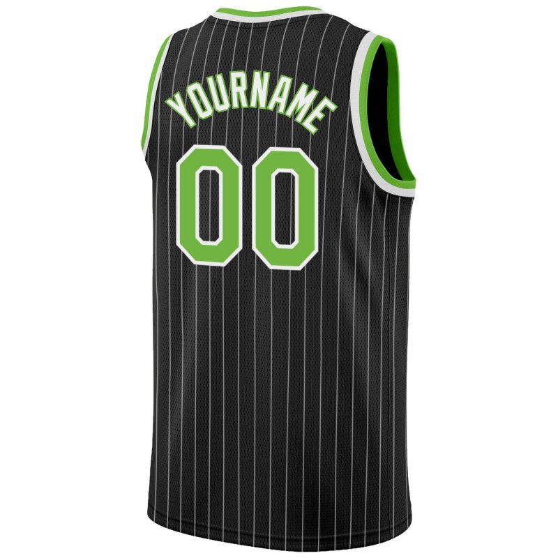 Men's Custom Black White Pinstripe Neon Green-White Authentic Basketball Jersey