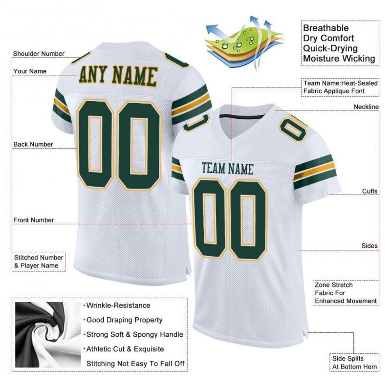 Men's Custom White Green-Gold Mesh Authentic Football Jersey