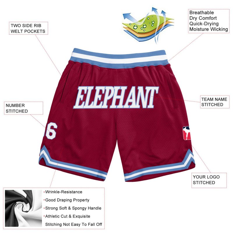 Men's Custom Maroon White-Light Blue Authentic Throwback Basketball Shorts