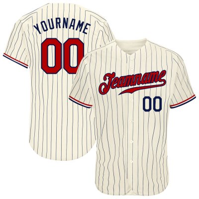 Men's Custom Cream Navy Pinstripe Navy-Red Authentic Baseball Jersey