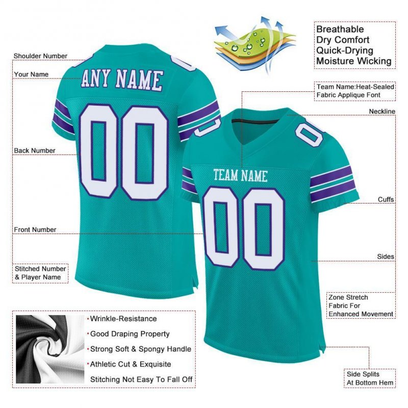 Men's Custom Aqua White-Purple Mesh Authentic Football Jersey