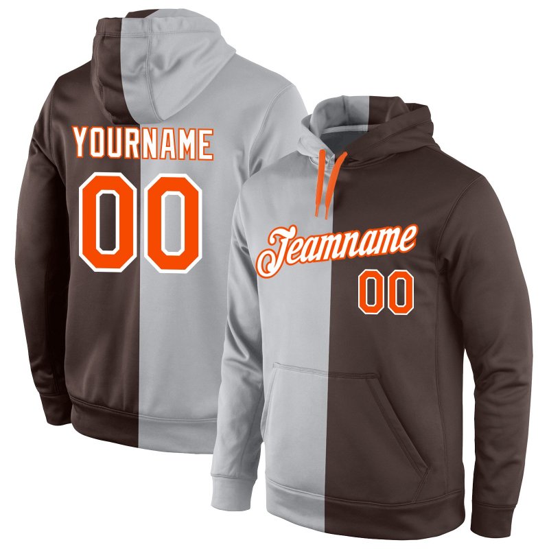 Men's Custom Stitched Gray Orange-Brown Split Fashion Sports Pullover Sweatshirt Hoodie