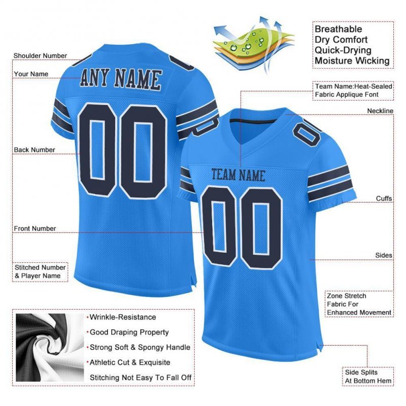 Men's Custom Powder Blue Navy-White Mesh Authentic Football Jersey