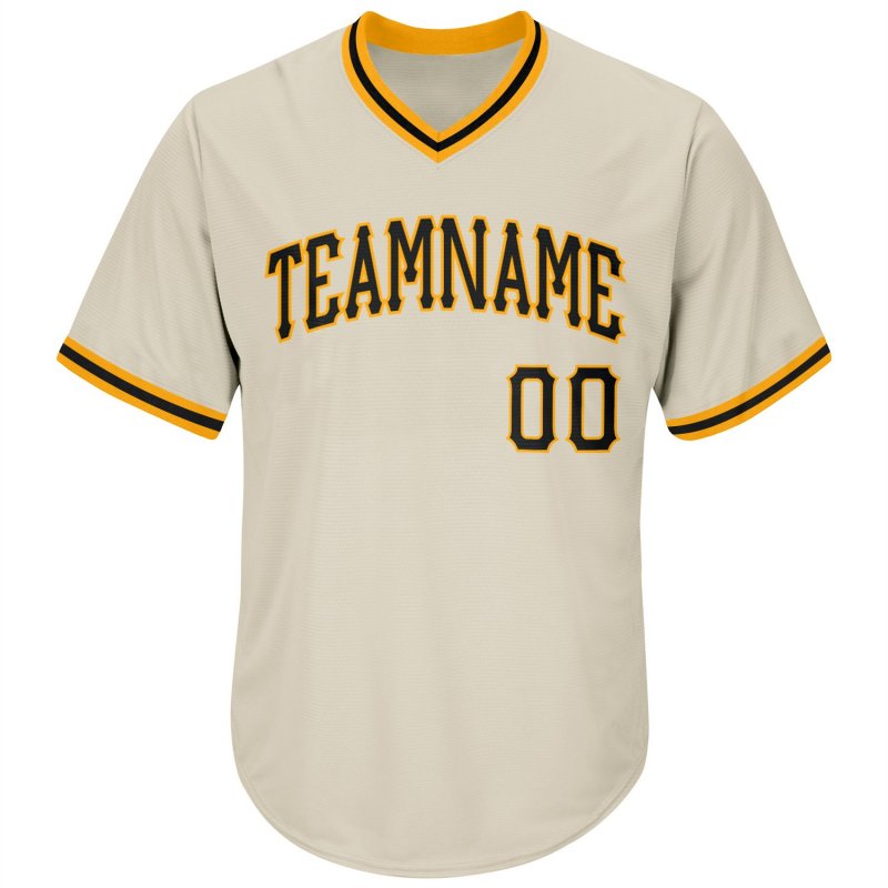 Men's Custom Cream Black-Gold Authentic Throwback Rib-Knit Baseball Jersey Shirt