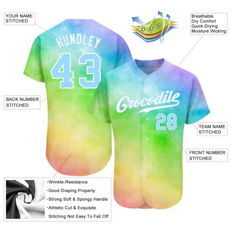 Men's Custom Rainbow Tie Dye Light Blue-White 3D Authentic Baseball Jersey