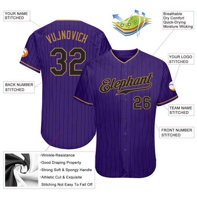 Men's Custom Purple Black Pinstripe Black-Old Gold Authentic Baseball Jersey