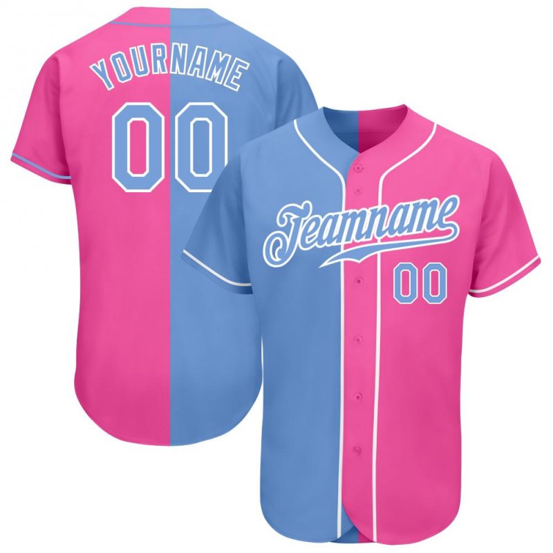 Men's Custom Pink Light Blue-White Authentic Split Fashion Baseball Jersey