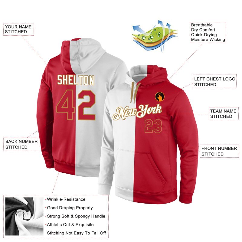 Men's Custom Stitched White Red-Old Gold Split Fashion Sports Pullover Sweatshirt Hoodie