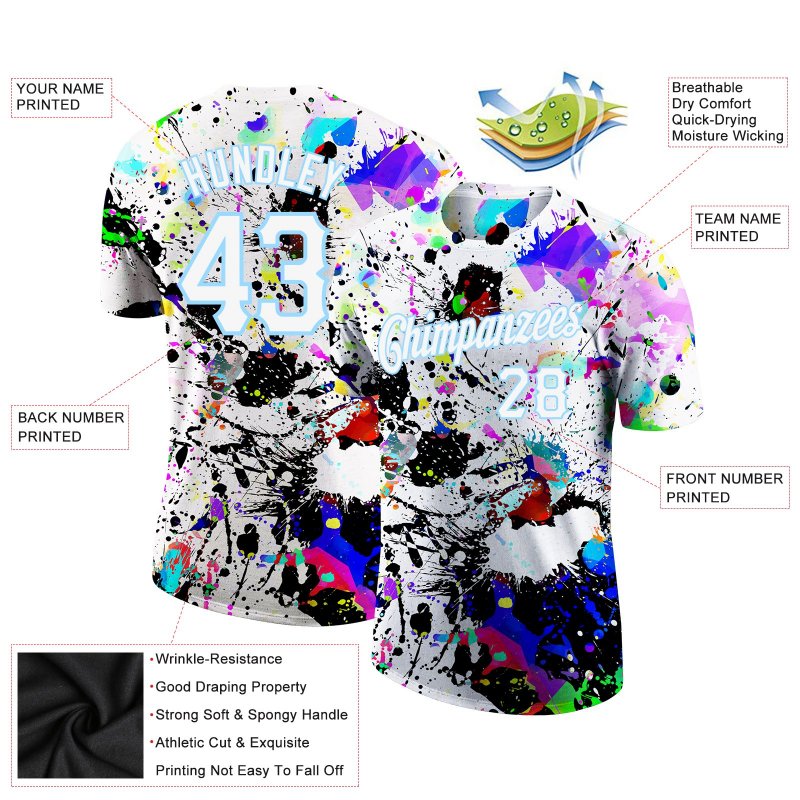 Men's Custom Splashes Graffiti Pattern White-Light Blue 3D Performance T-Shirt