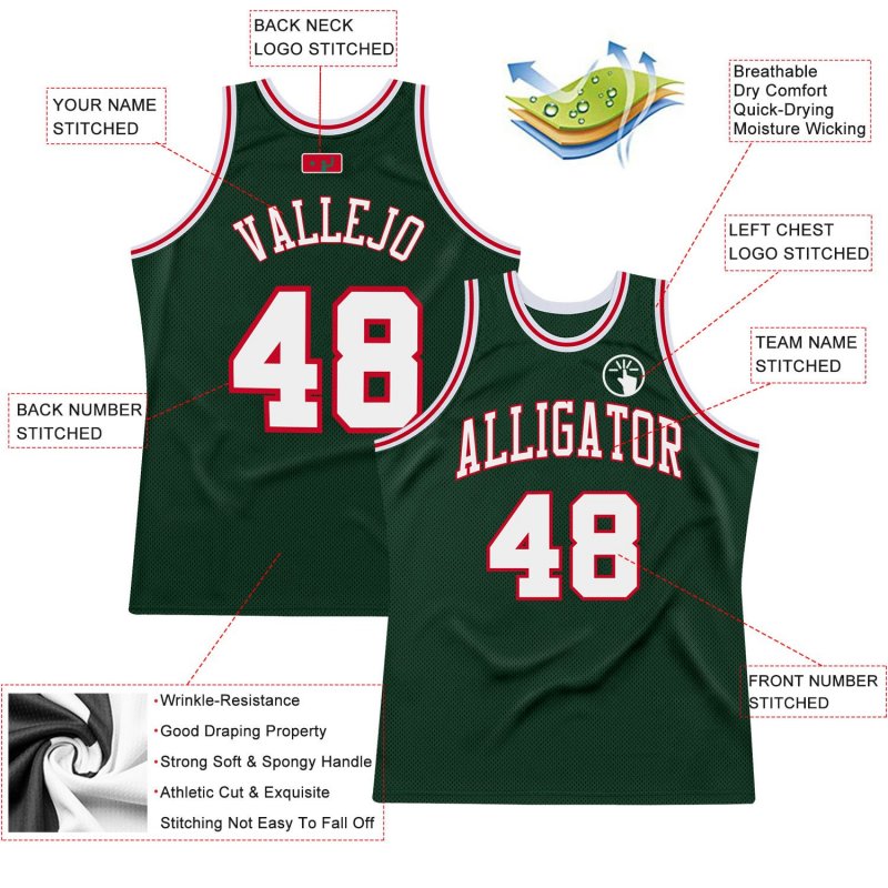 Men's Custom Hunter Green White-Red Authentic Throwback Basketball Jersey