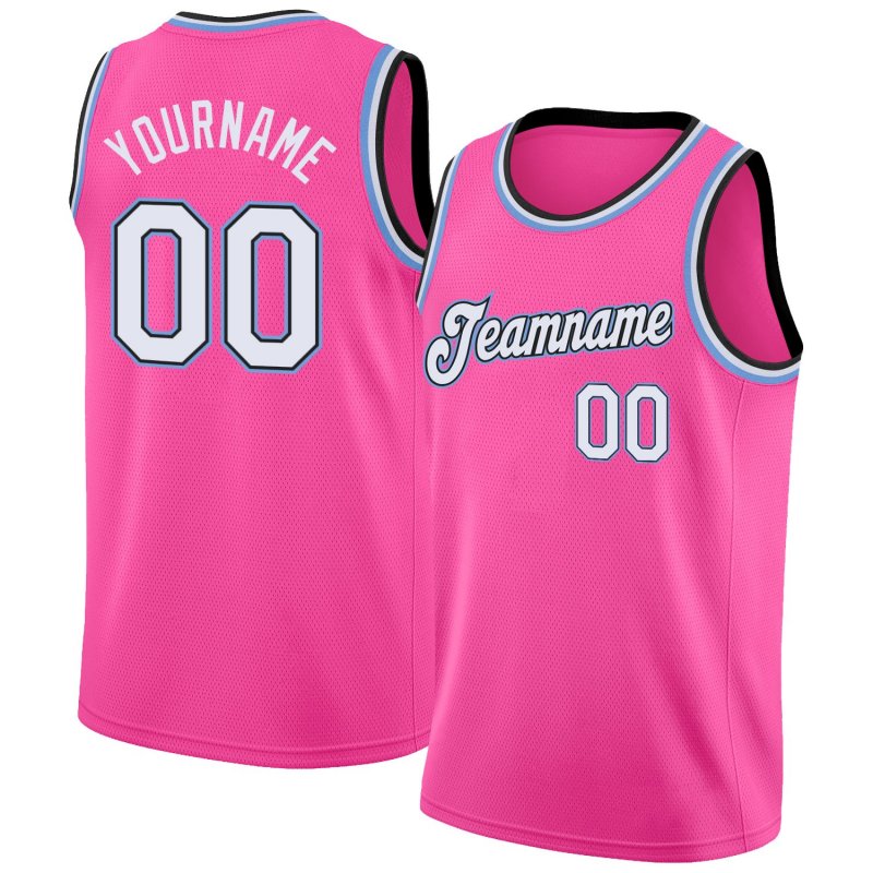 Men's Custom Pink White-Light Blue Round Neck Rib-Knit Basketball Jersey