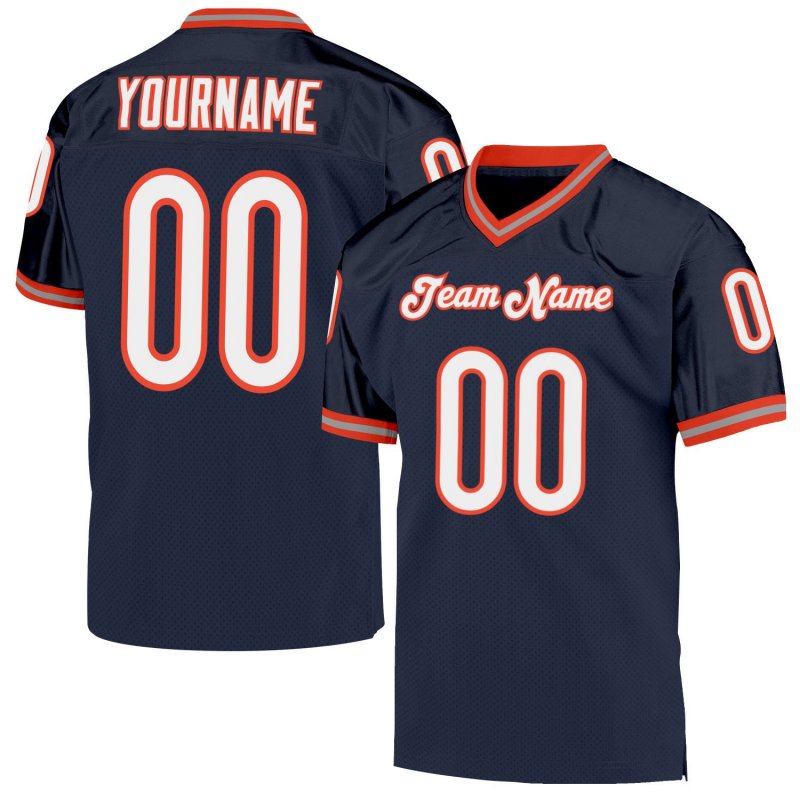 Men's Custom Navy White-Orange Mesh Authentic Throwback Football Jersey