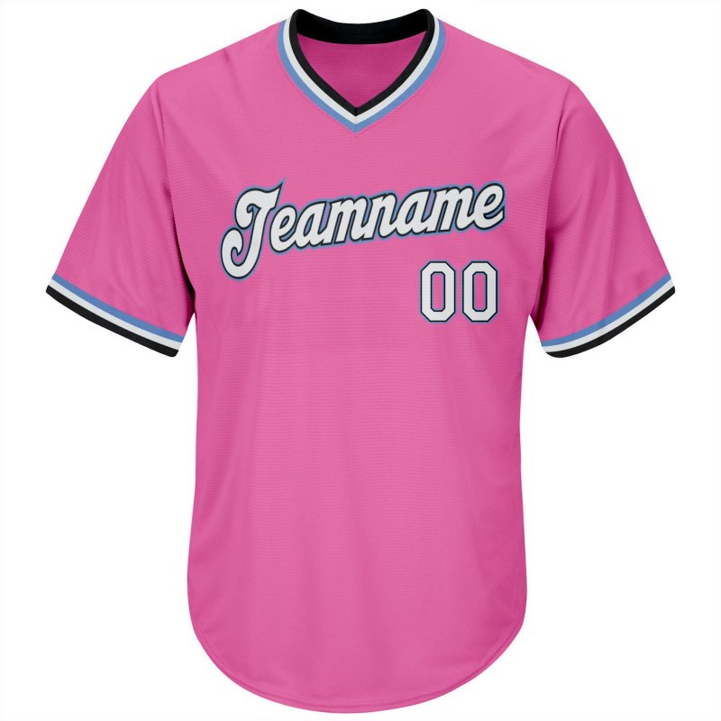 Men's Custom Pink White-Light Blue Authentic Throwback Rib-Knit Baseball Jersey Shirt