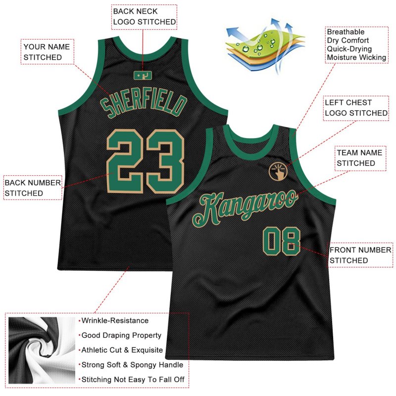 Men's Custom Black Kelly Green-Old Gold Authentic Throwback Basketball Jersey