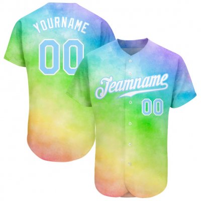 Men's Custom Rainbow Tie Dye Light Blue-White 3D Authentic Baseball Jersey