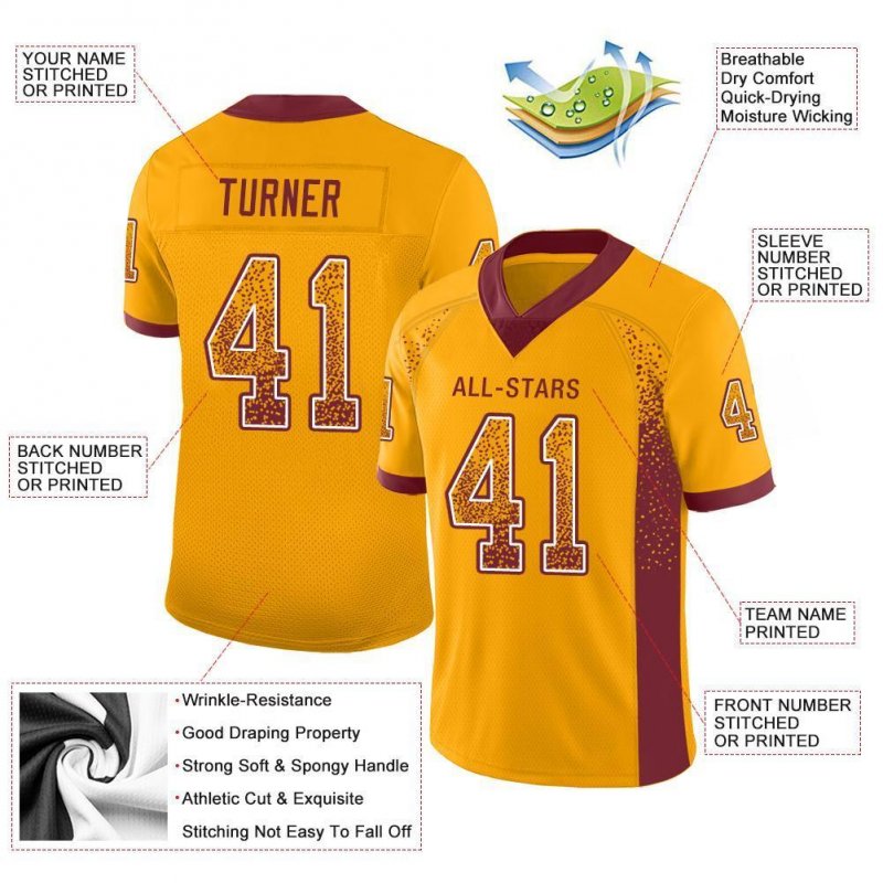 Men's Custom Gold Burgundy-White Mesh Drift Fashion Football Jersey