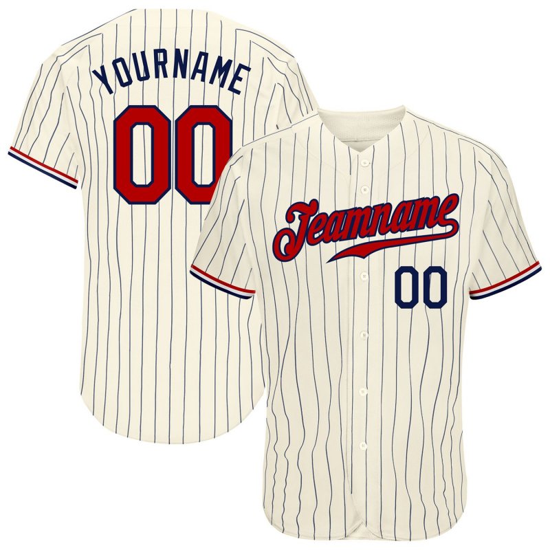 Men's Custom Cream Navy Pinstripe Navy-Red Authentic Baseball Jersey