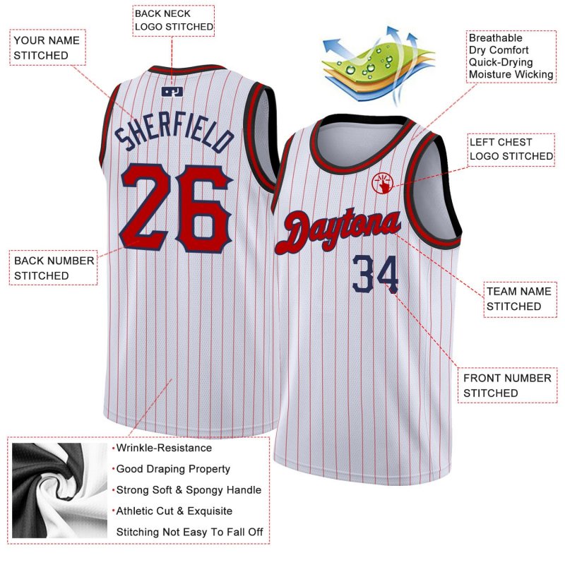 Men's Custom White Navy Pinstripe Red-Navy Authentic Basketball Jersey