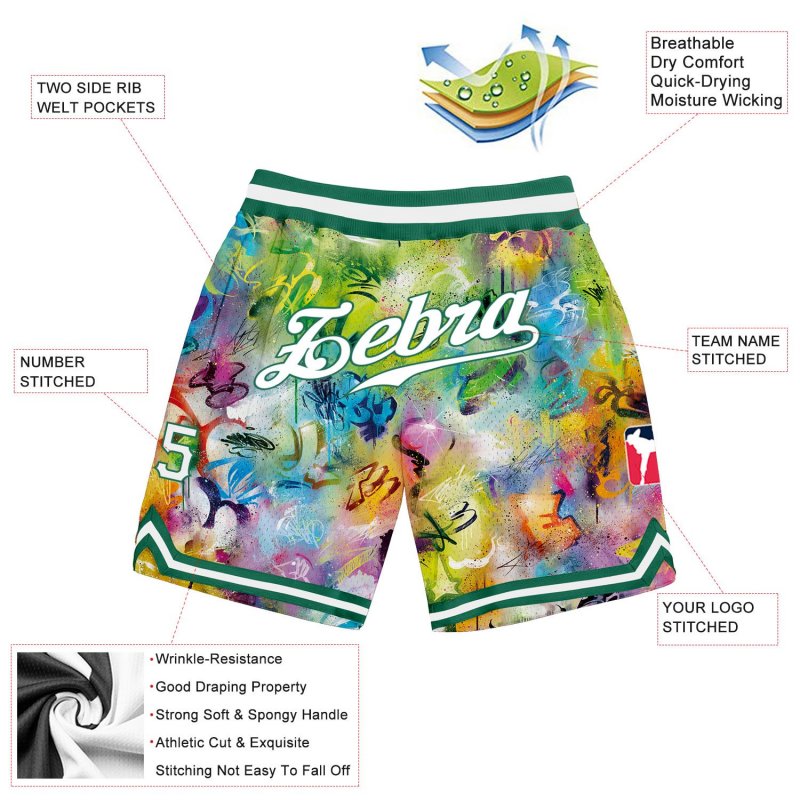 Men's Custom Scratch Graffiti Pattern White-Kelly Green 3D Authentic Basketball Shorts