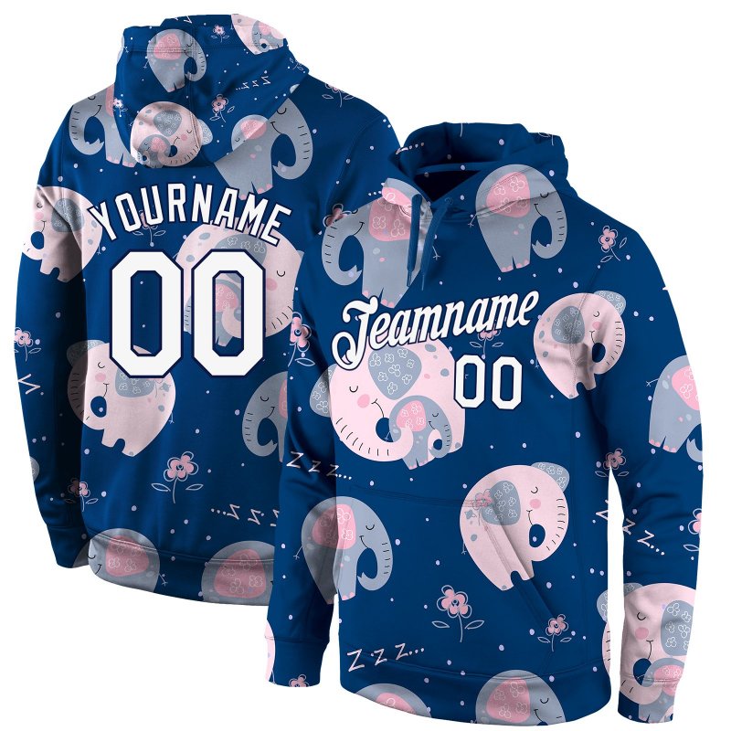 Men's Custom Stitched Graffiti Pattern White-Navy 3D "Elephant" Sports Pullover Sweatshirt Hoodie