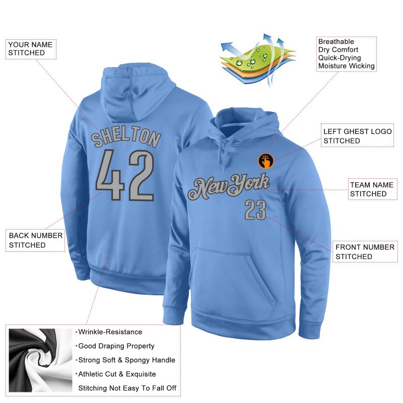 Men's Custom Stitched Light Blue Gray-Navy Sports Pullover Sweatshirt Hoodie