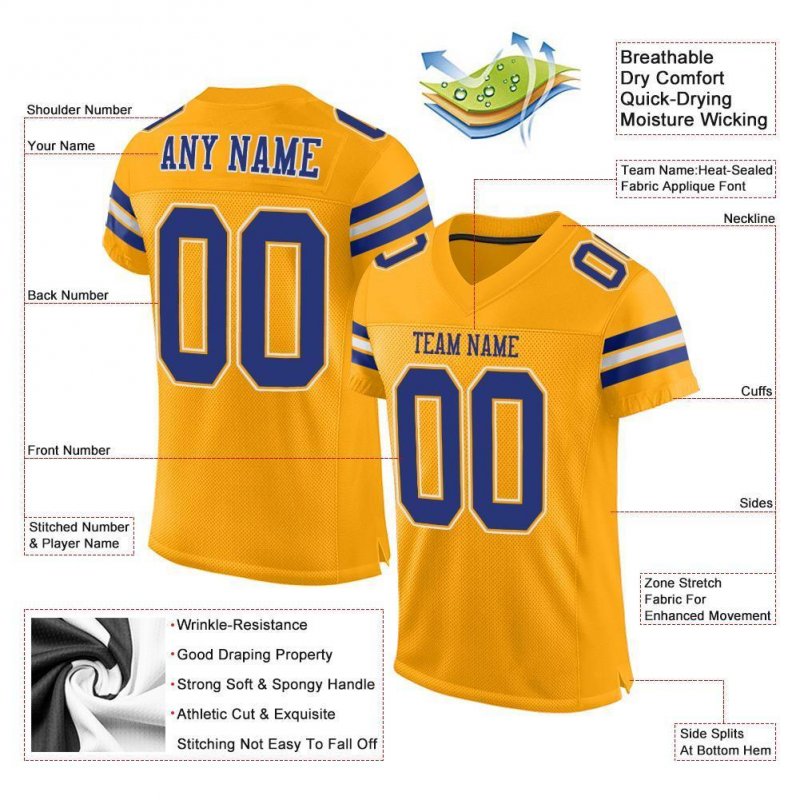 Men's Custom Gold Royal-White Mesh Authentic Football Jersey