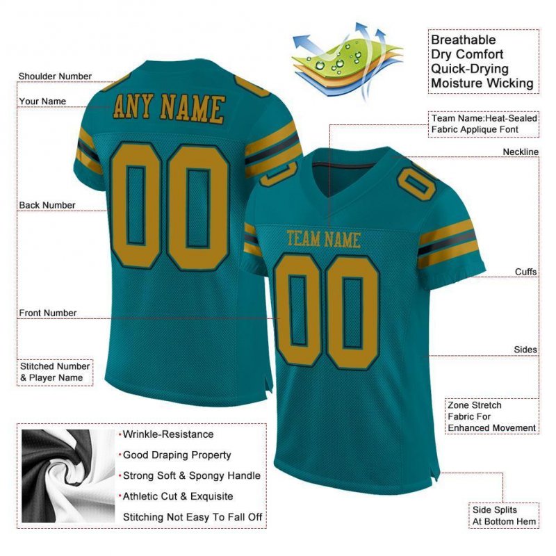 Men's Custom Teal Old Gold-Black Mesh Authentic Football Jersey