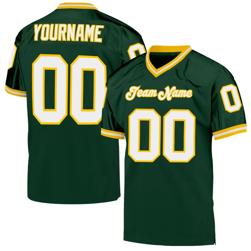 Men's Custom Green White-Gold Mesh Authentic Throwback Football Jersey