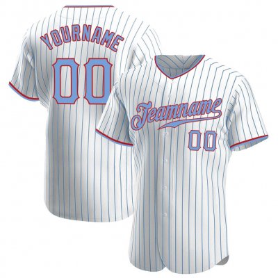 Men's Custom White Light Blue Pinstripe Light Blue-Red Authentic Baseball Jersey