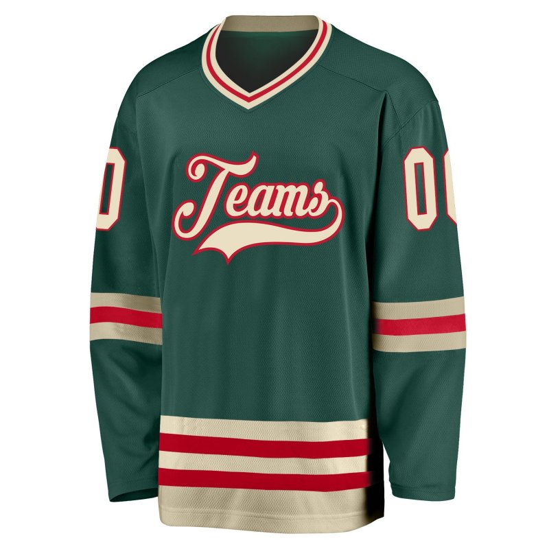 Men's Custom Green Cream-Red Hockey Jersey