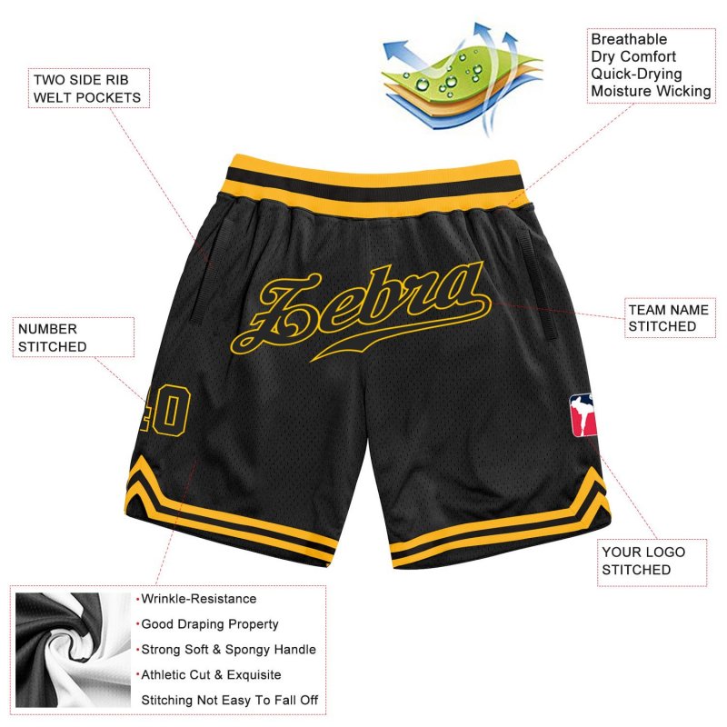 Men's Custom Black Black-Gold Authentic Throwback Basketball Shorts